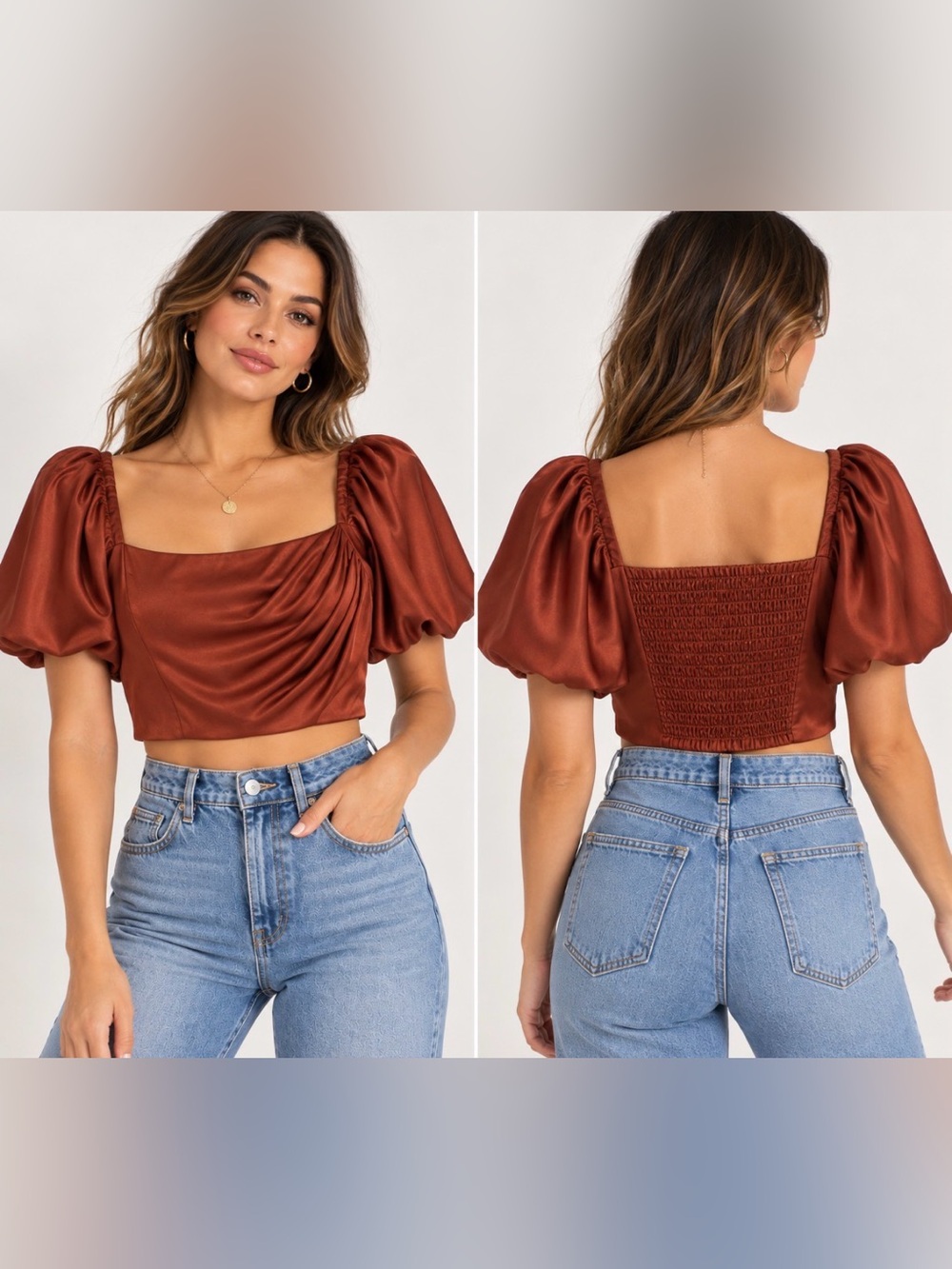NWT EXPRESS Satin Puff Sleeve Ruched Crop Top – Rust Copper – Size M
